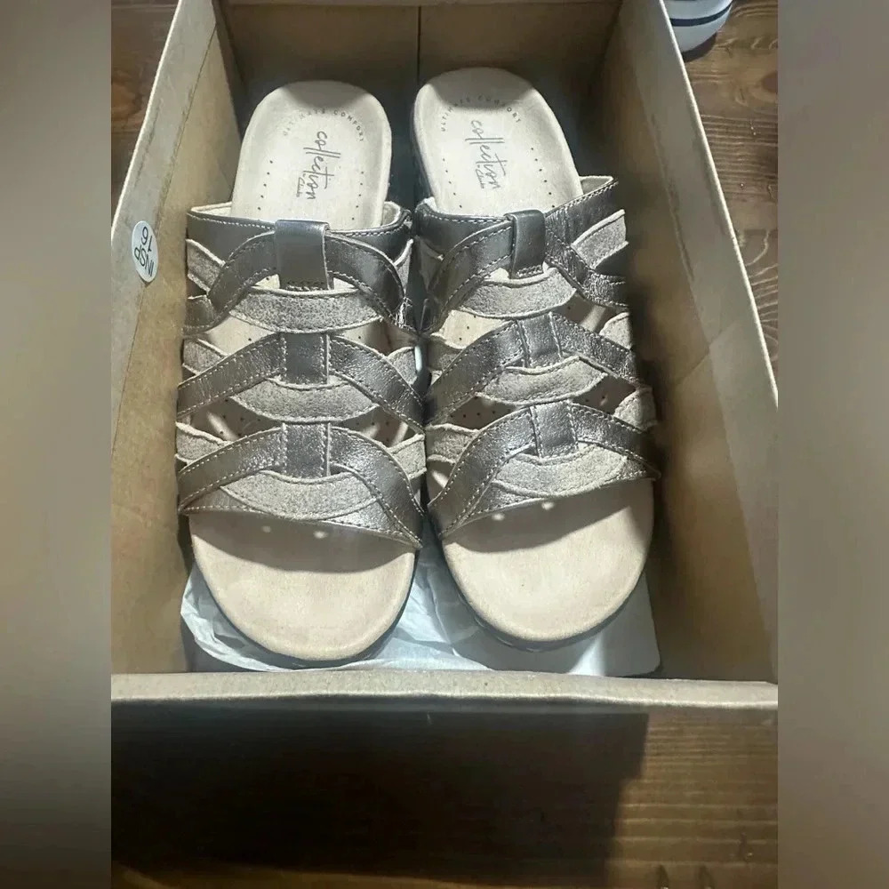 Clarks Metallic Taupe Slip-On Woven Sandals